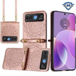 For Motorola Razr 2024 METKASE Embossed Floral Design Case Cover with Strap in Slide-Out Package - R