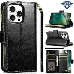 iPhone 16 Pro 6.3 inch METKASE Luxury Wallet Card ID Zipper Money Holder Case Cover in Slide-Out
