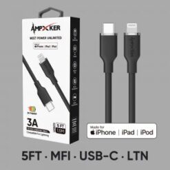 5 FT [TypeC - LIGHTNING] - MFI Apple Certified - 3A Fast Charging Silicone Cable - Black/Silver (LAN