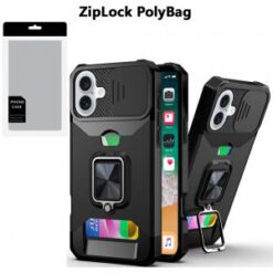 [PolyBag] For iPhone 16 Plus 6.7 inch Multi-Functional Card Magnetic Ring Stand Hybrid Camera - Blac