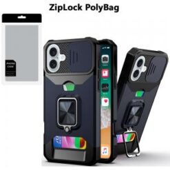 [PolyBag] For iPhone 16 Plus 6.7 inch Multi-Functional Card Magnetic Ring Stand Hybrid Camera - Blue