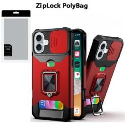 [PolyBag] For iPhone 16 Plus 6.7 inch Multi-Functional Card Magnetic Ring Stand Hybrid Camera - Red