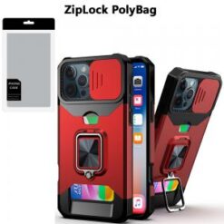 [PolyBag]  iPhone 16 Pro 6.3 inch Multi-Functional Card Magnetic Ring Stand Hybrid Camera - Red