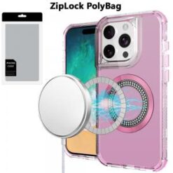 [PolyBag]  iPhone 16 Pro Max 6.9 inch Magnetic Ring Circle Bling Chrome 3in1 Hybrid Case - Pink
