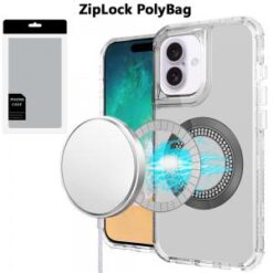[PolyBag] For iPhone 16 Plus 6.7 inch Magnetic Ring Circle Bling Chrome 3in1 Hybrid Case - Clear