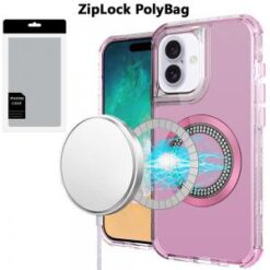 [PolyBag] For iPhone 16 Plus 6.7 inch Magnetic Ring Circle Bling Chrome 3in1 Hybrid Case - Pink