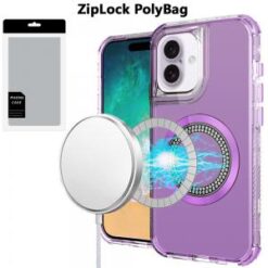 [PolyBag] For iPhone 16 Plus 6.7 inch Magnetic Ring Circle Bling Chrome 3in1 Hybrid Case - Purple