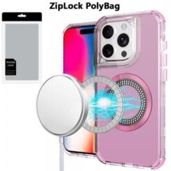 [PolyBag]  iPhone 16 Pro 6.3 inch Magnetic Ring Circle Bling Chrome 3in1 Hybrid Case - Pink