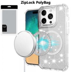 [PolyBag]  iPhone 16 Pro Max 6.9 inch Magnetic Ring Glitter 3in1 Hybrid Case Cover - Clear