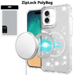 [PolyBag] For iPhone 16 Plus 6.7 inch Magnetic Ring Glitter 3in1 Hybrid Case Cover - Clear