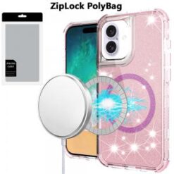 [PolyBag] For iPhone 16 Plus 6.7 inch Magnetic Ring Glitter 3in1 Hybrid Case Cover - Pink