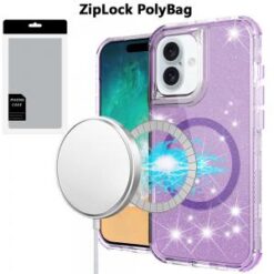 [PolyBag] For iPhone 16 Plus 6.7 inch Magnetic Ring Glitter 3in1 Hybrid Case Cover - Purple