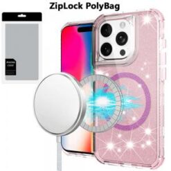 [PolyBag]  iPhone 16 Pro 6.3 inch Magnetic Ring Glitter 3in1 Hybrid Case Cover - Pink