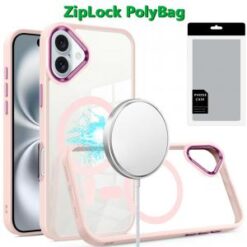 [PolyBag] For iPhone 16 Plus 6.7 inch Greatest Clear Acrylic Thick Metal Button Hybrid - Light Pink