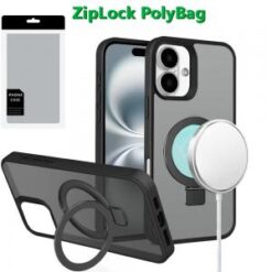 [PolyBag] For iPhone 16 Plus 6.7 inch Skin Touch Feel HQ [Magnetic Circle] Kickstand Hybrid - Black