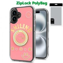 [PolyBag] For iPhone 16 Plus 6.7 inch Smiling Glitter Ornament Bling With Ring Stand Hybrid Case Cov