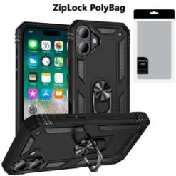 [PolyBag] For iPhone 16 Plus 6.7 inch Ring Magnetic Kickstand Hybrid - Black