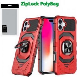 [PolyBag] For iPhone 16 Plus 6.7 inch Robotic Hybrid with Magnetic Ring Stand - Red