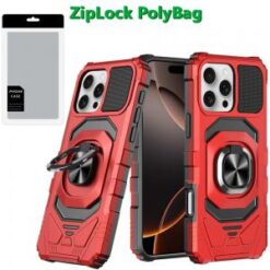 [PolyBag]  iPhone 16 Pro 6.3 inch Robotic Hybrid with Magnetic Ring Stand - Red