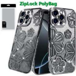 iPhone 16 Pro Max 6.9 Shimmer Glitter Floral Design Thick TPU Case Cover - Black