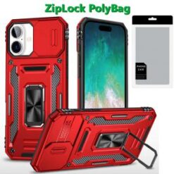 [PolyBag] For iPhone 16 Plus 6.7 inch Utter Tough Metal Ring Movable Camera Window Hybrid - Red