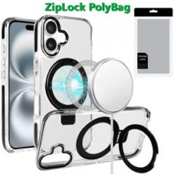 [PolyBag] For iPhone 16 Plus 6.7 inch Magnetic Tough Trasparent Hybrid with Stand - Black