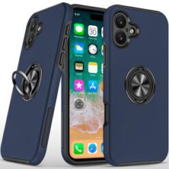 For iPhone 16 Plus 6.7 inch CHIEF Oil Painted Magnetic Ring Stand Hybrid Case Cover - Dark Blue