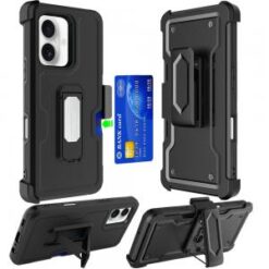 For iPhone 16 Plus 6.7 inch CARD Holster with Kickstand Clip Hybrid Case Cover - Black