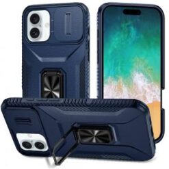 For iPhone 16 Plus 6.7 inch Complete Magnetic Metal Ring Stand Camera Protection Hybrid - Blue
