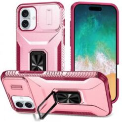 For iPhone 16 Plus 6.7 inch Complete Magnetic Metal Ring Stand Camera Protection Hybrid - Pink+Burgu