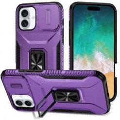 For iPhone 16 Plus 6.7 inch Complete Magnetic Metal Ring Stand Camera Protection Hybrid - Purple
