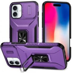 iPhone 16 6.1 inch Complete Magnetic Metal Ring Stand Camera Protection Hybrid - Pink+Burgundy