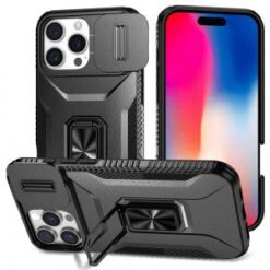 iPhone 16 Pro 6.3 inch Complete Magnetic Metal Ring Stand Camera Protection Hybrid - Black
