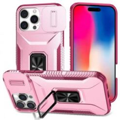 iPhone 16 Pro 6.3 inch Complete Magnetic Metal Ring Stand Camera Protection Hybrid - Pink+Burgun