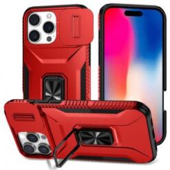 iPhone 16 Pro 6.3 inch Complete Magnetic Metal Ring Stand Camera Protection Hybrid - Red