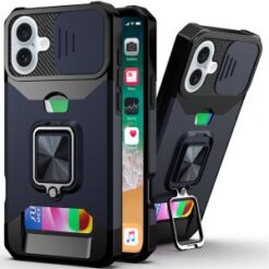 For iPhone 16 Plus 6.7 inch Multi-Functional Card Magnetic Ring Stand Hybrid Camera Case Cover - Blu