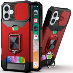 For iPhone 16 Plus 6.7 inch Multi-Functional Card Magnetic Ring Stand Hybrid Camera Case Cover - Red