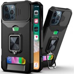 iPhone 16 Pro 6.3 inch Multi-Functional Card Magnetic Ring Stand Hybrid Camera Case Cover - Blac