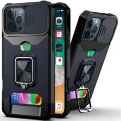 iPhone 16 Pro 6.3 inch Multi-Functional Card Magnetic Ring Stand Hybrid Camera Case Cover - Blue