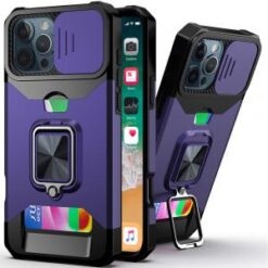 iPhone 16 Pro 6.3 inch Multi-Functional Card Magnetic Ring Stand Hybrid Camera Case Cover - Dark
