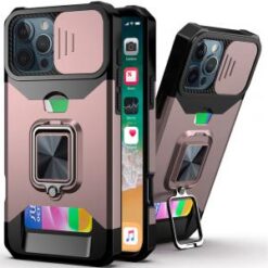 iPhone 16 Pro 6.3 inch Multi-Functional Card Magnetic Ring Stand Hybrid Camera Case Cover - Rose