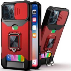 iPhone 16 Pro 6.3 inch Multi-Functional Card Magnetic Ring Stand Hybrid Camera Case Cover - Red
