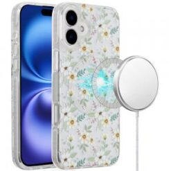 For iPhone 16 Plus 6.7 inch Magnetic Double Layer IMD Design Case - Green Floral
