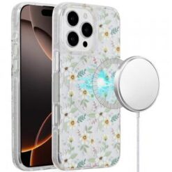 iPhone 16 Pro 6.3 inch Magnetic Double Layer IMD Design Case - Green Floral