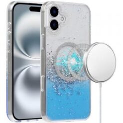 For iPhone 16 Plus 6.7 inch Magnetic Glitter Epoxy Transparent Hybrid - Blue
