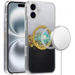 For iPhone 16 Plus 6.7 inch Magnetic Glitter Epoxy Transparent Hybrid - Gold Black