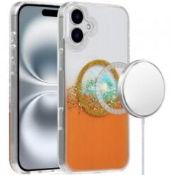 For iPhone 16 Plus 6.7 inch Magnetic Glitter Epoxy Transparent Hybrid - Orange