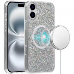 For iPhone 16 Plus 6.7 inch Magnetic Glitter Epoxy Transparent Hybrid - Silver Glitter