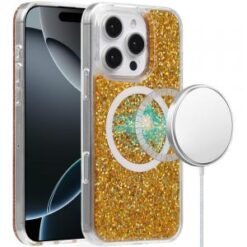 iPhone 16 Pro 6.3 inch Magnetic Glitter Epoxy Transparent Hybrid - Gold Glitter