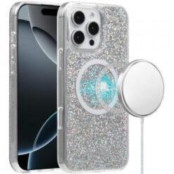 iPhone 16 Pro 6.3 inch Magnetic Glitter Epoxy Transparent Hybrid - Silver Glitter